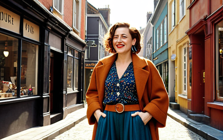 Authenticity and Unique Personal Style**
A confident and stylish European woman in her late 20s to early 30s, exuding authenticity and self-expression through her unique fashion choices. She is dressed in an eclectic, characterful outfit that blends vintage or sustainably sourced pieces with modern elements, reflecting her personal narrative. The setting is a charming, well-lit urban street or a cozy, lived-in interior, captured with natural light and a warm, inviting aesthetic. The pose is natural and unforced, conveying comfort and genuine joy in her style.

**