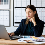 A professional female fashion coordinator, wearing a stylish yet modest business casual outfit, sits at a contemporary wooden desk. She is surrounded by organized fashion mood boards, fabric swatches, and a modern laptop displaying a content calendar. Natural light streams into the well-designed, airy creative studio, highlighting her thoughtful expression as she plans new ideas. The scene conveys creativity and professionalism. Professional photography, high quality, perfect anatomy, correct proportions, natural pose, well-formed hands, proper finger count, natural body proportions, fully clothed, modest clothing, appropriate attire, professional dress, safe for work, appropriate content.