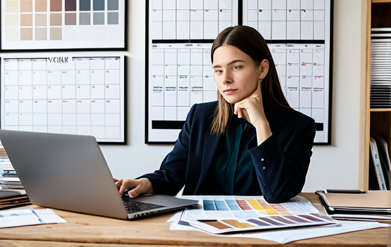A professional female fashion coordinator, wearing a stylish yet modest business casual outfit, sits at a contemporary wooden desk. She is surrounded by organized fashion mood boards, fabric swatches, and a modern laptop displaying a content calendar. Natural light streams into the well-designed, airy creative studio, highlighting her thoughtful expression as she plans new ideas. The scene conveys creativity and professionalism. Professional photography, high quality, perfect anatomy, correct proportions, natural pose, well-formed hands, proper finger count, natural body proportions, fully clothed, modest clothing, appropriate attire, professional dress, safe for work, appropriate content.